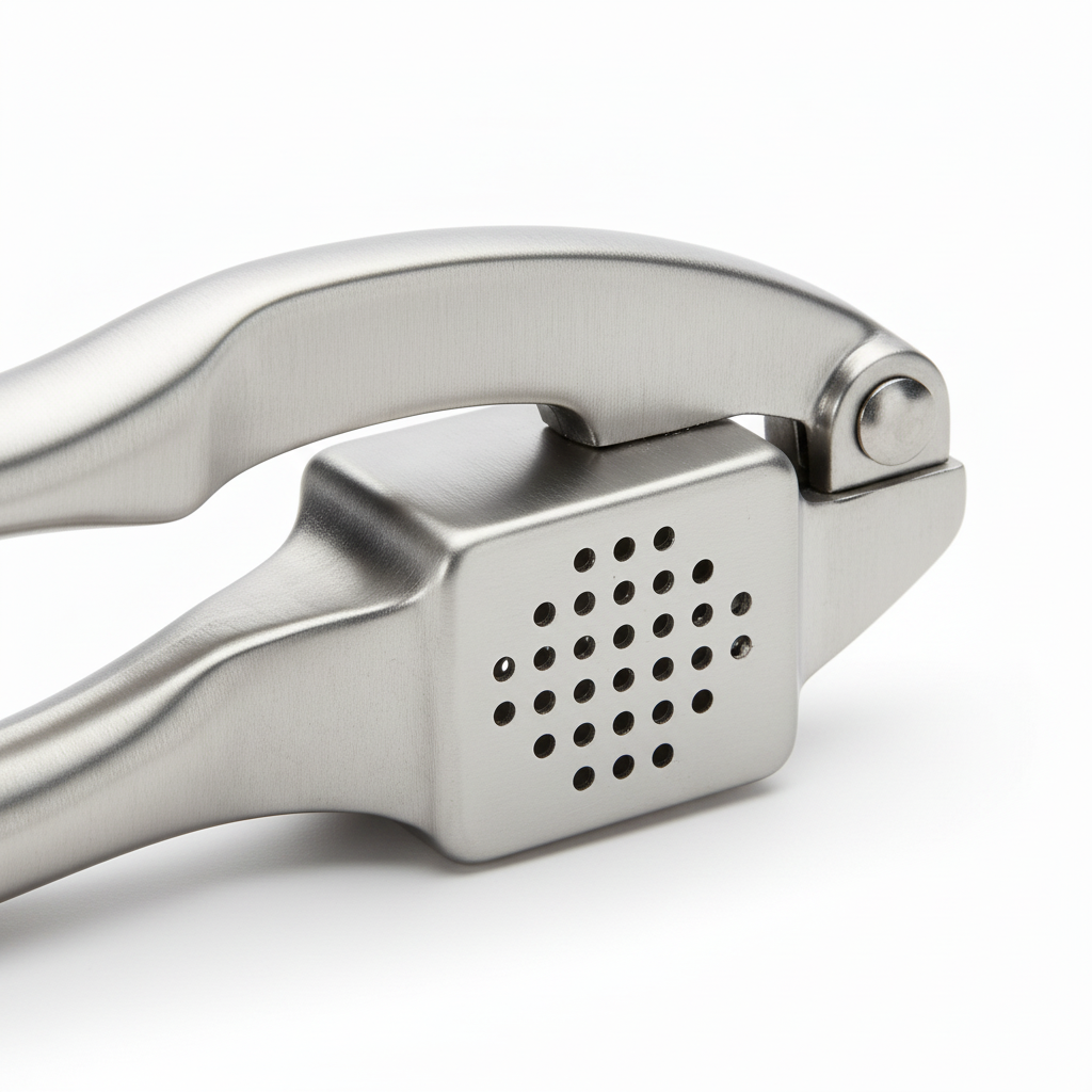 Macro detail of perforated crushing chamber, round micro-holes, hinge pin, and brushed handles