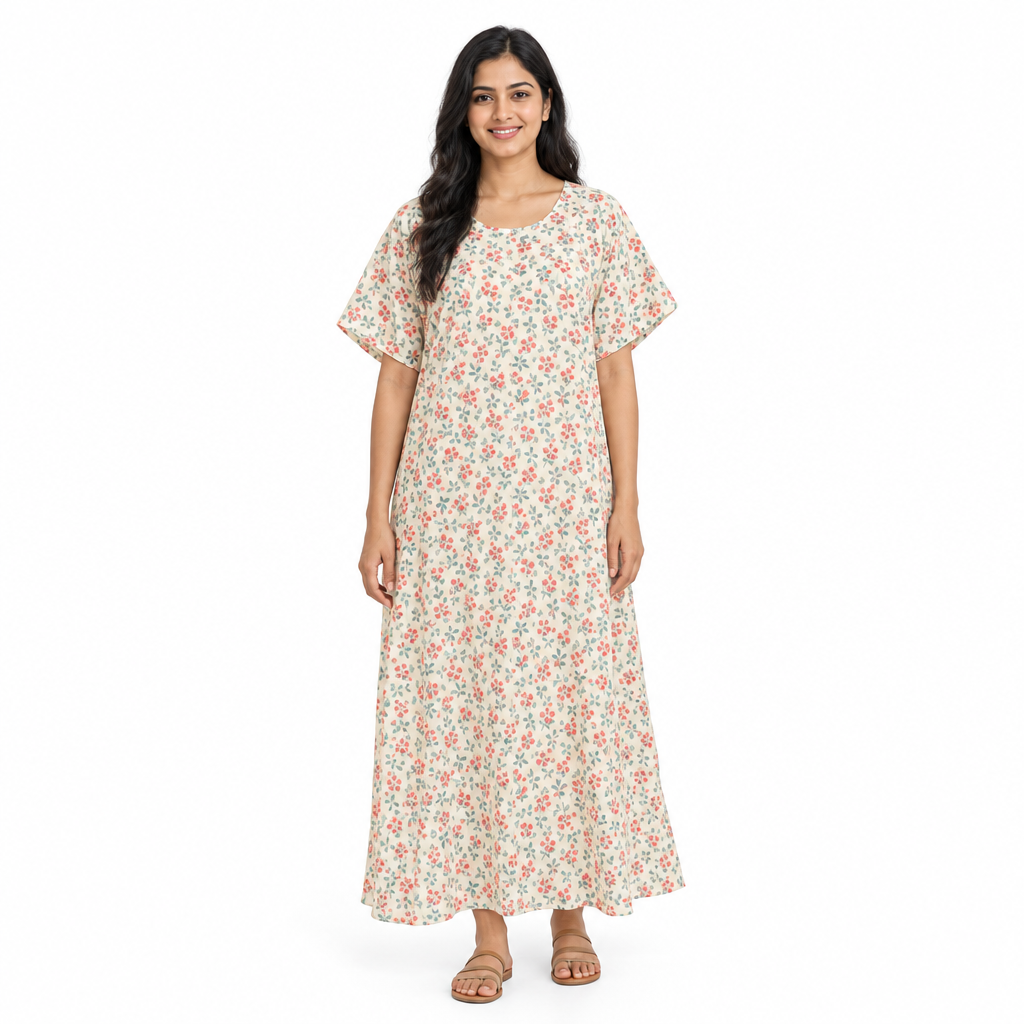Full-length front view of model in an ivory short-sleeve kaftan dress with small coral and teal floral print on white