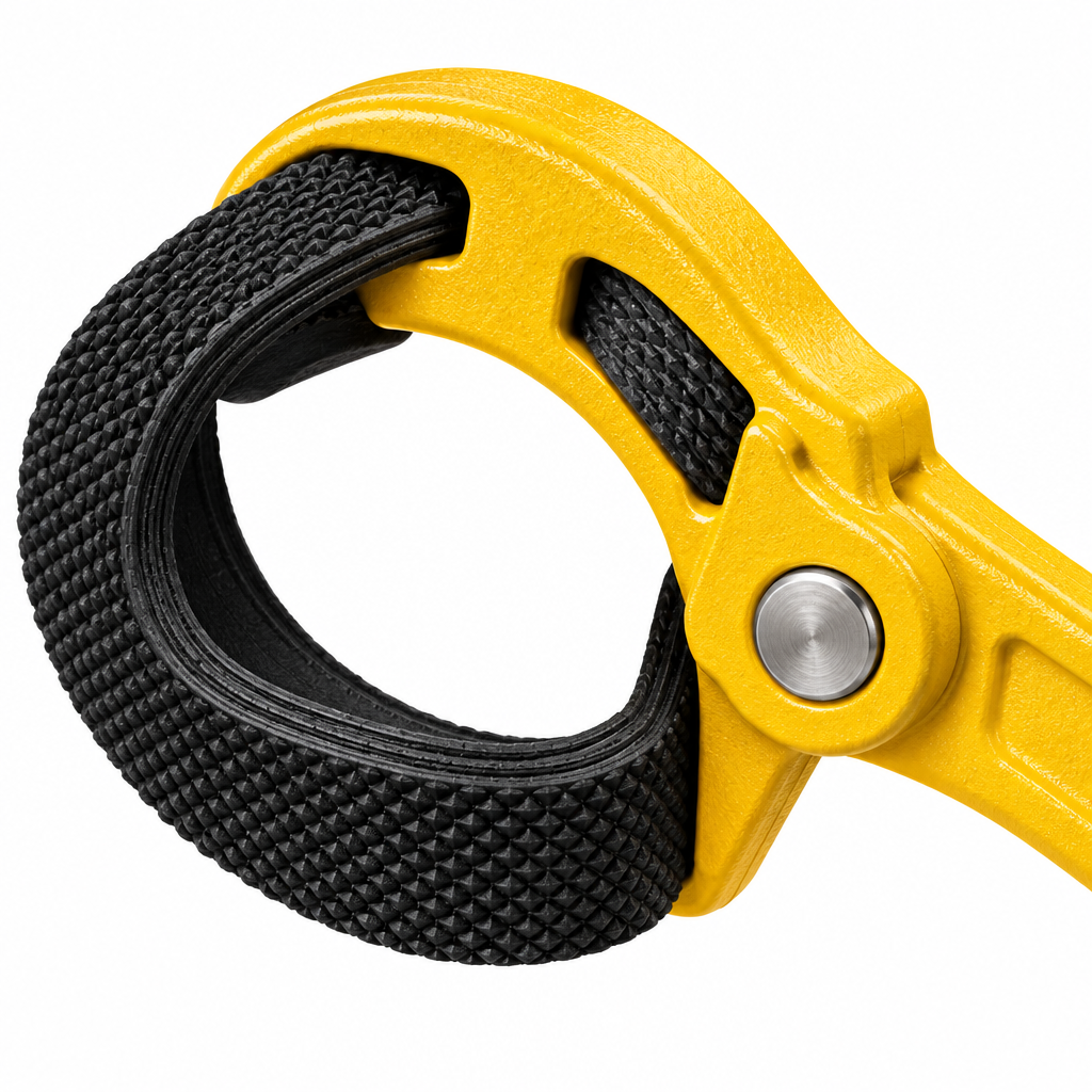 Macro close-up of strap wrench fulcrum nose, strap retention slot, and textured rubber strap surface