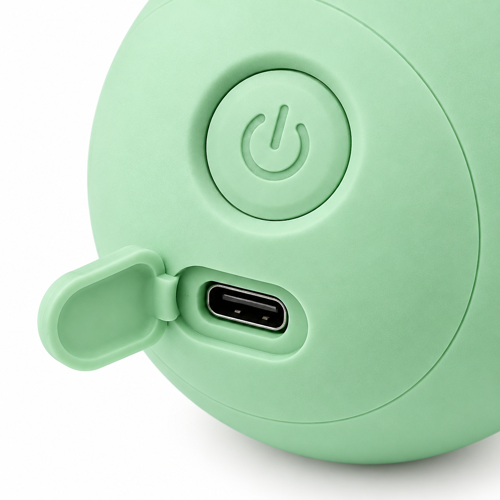 Macro close-up detail of opened silicone charging port flap showing USB-C port and power button on automatic rolling cat ball