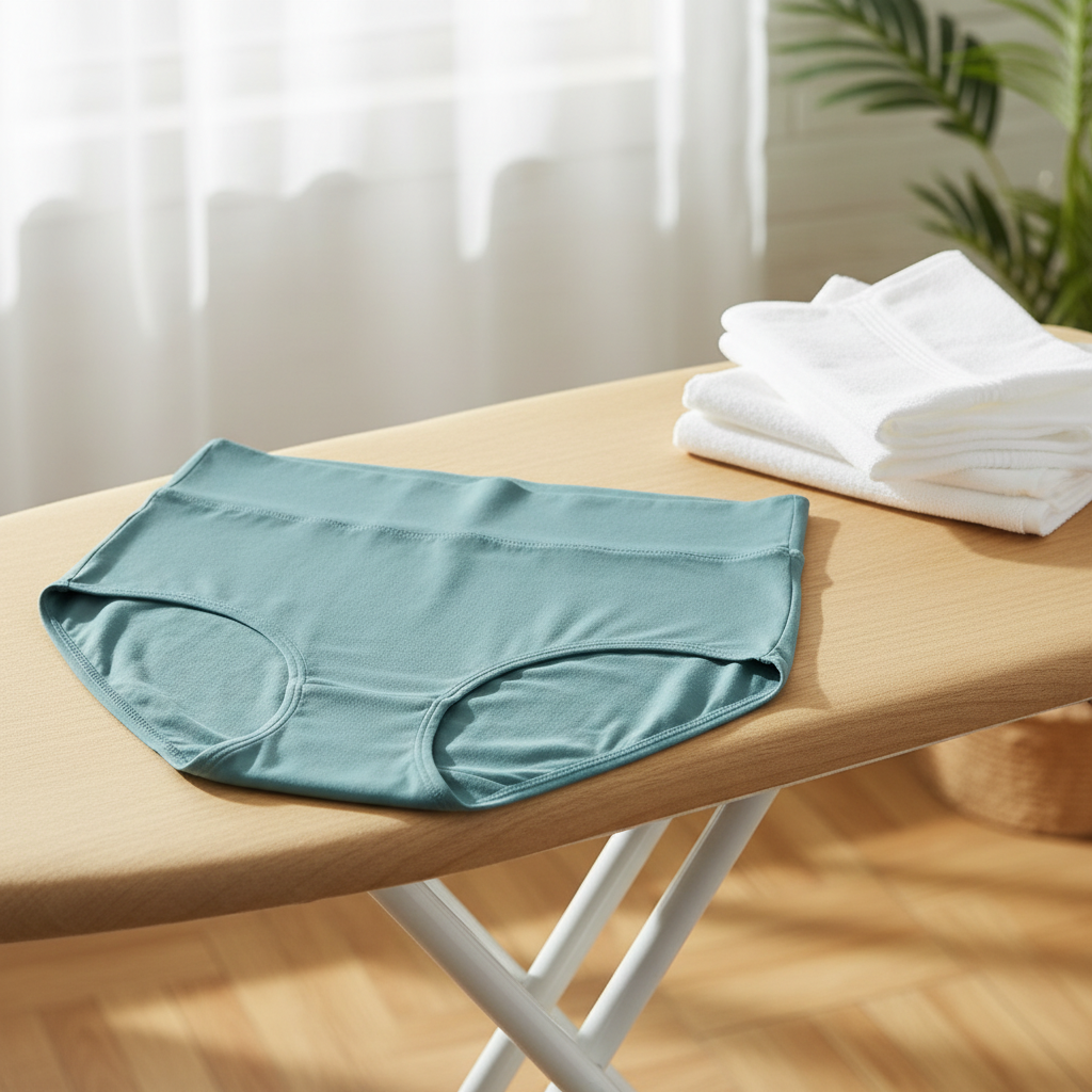 Lifestyle view of cotton briefs folded on a wooden ironing board with fresh linens