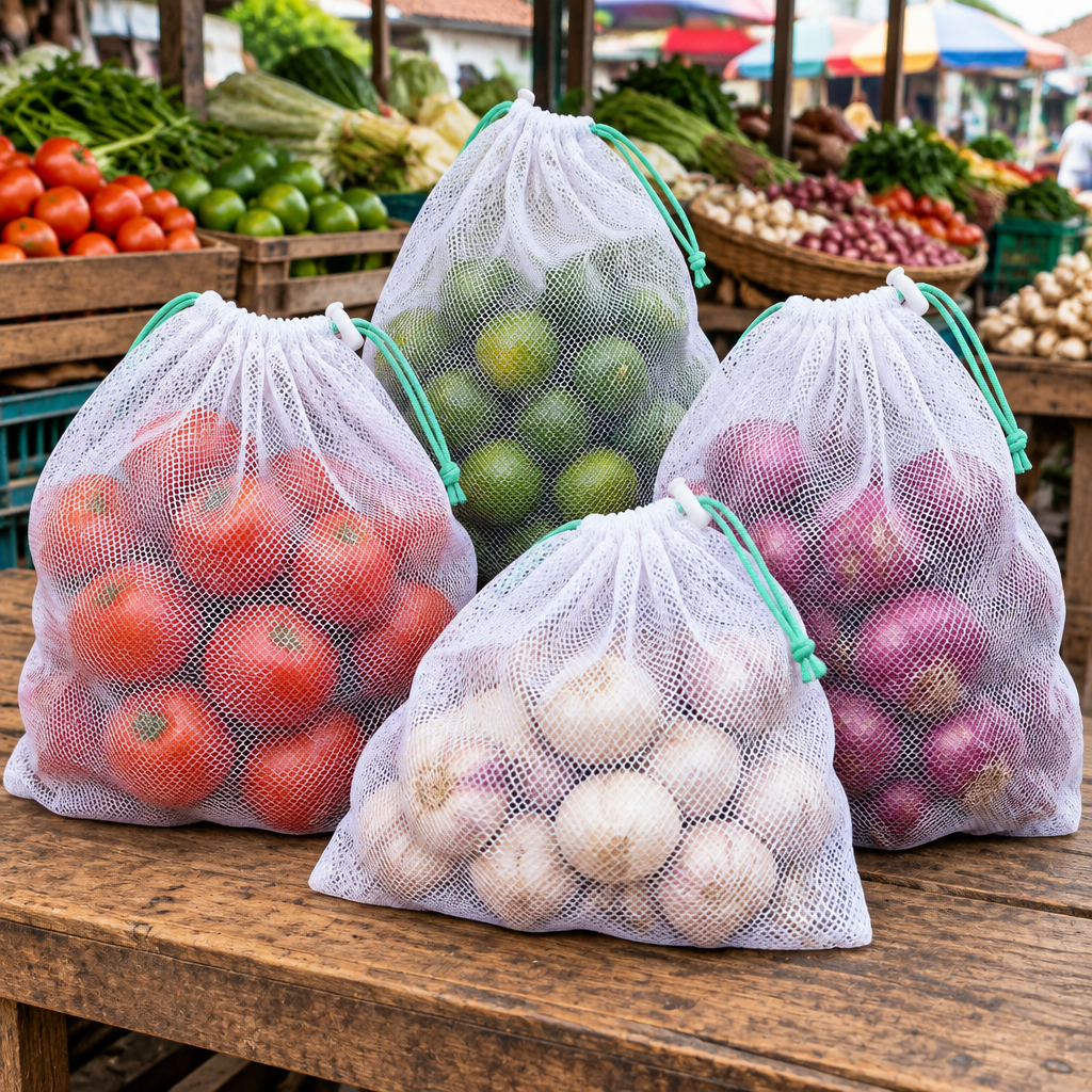 Several reusable mesh produce bags filled with fresh vegetables and fruit at a local market in Indonesia