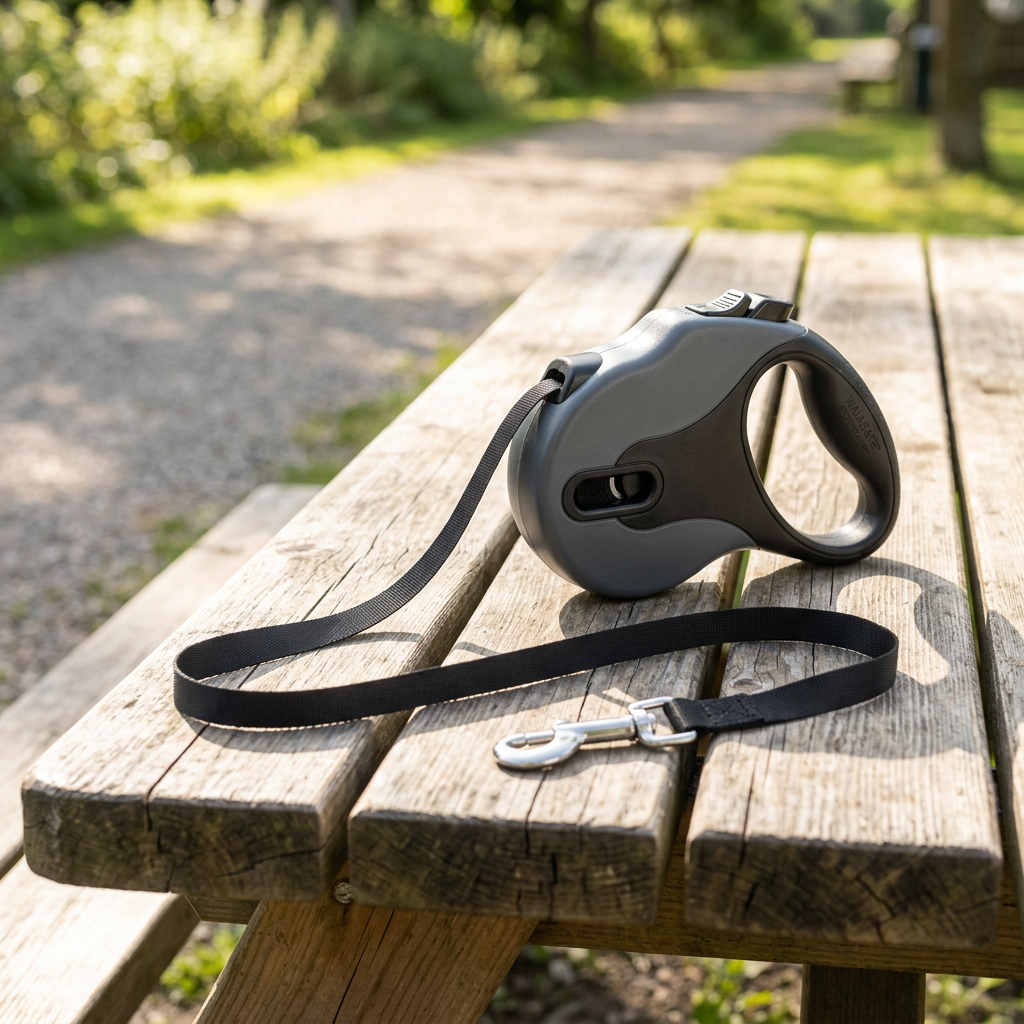 Retractable dog leash with tape lead extended across a wooden park picnic table in sunny outdoor setting