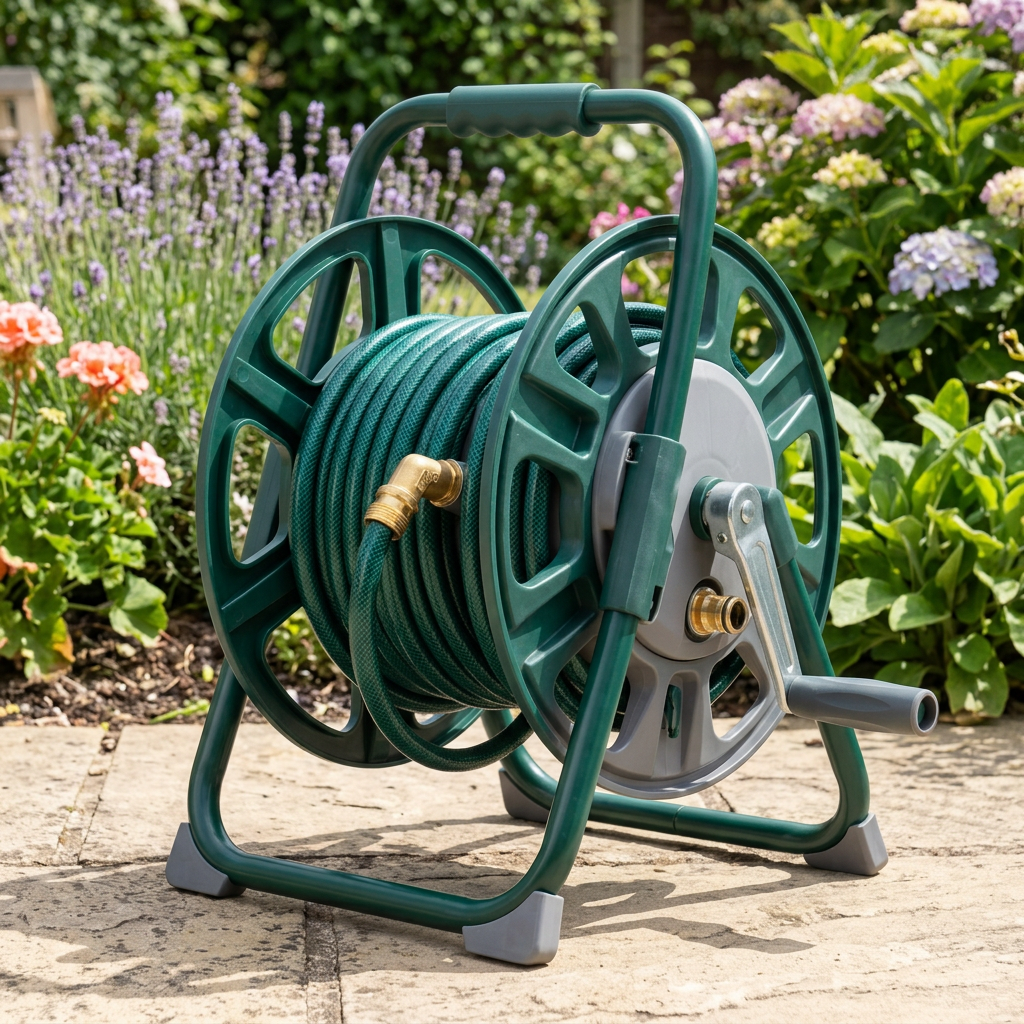 Garden hose reel on outdoor garden patio with standard garden hose neatly wound onto the drum in natural sunlight