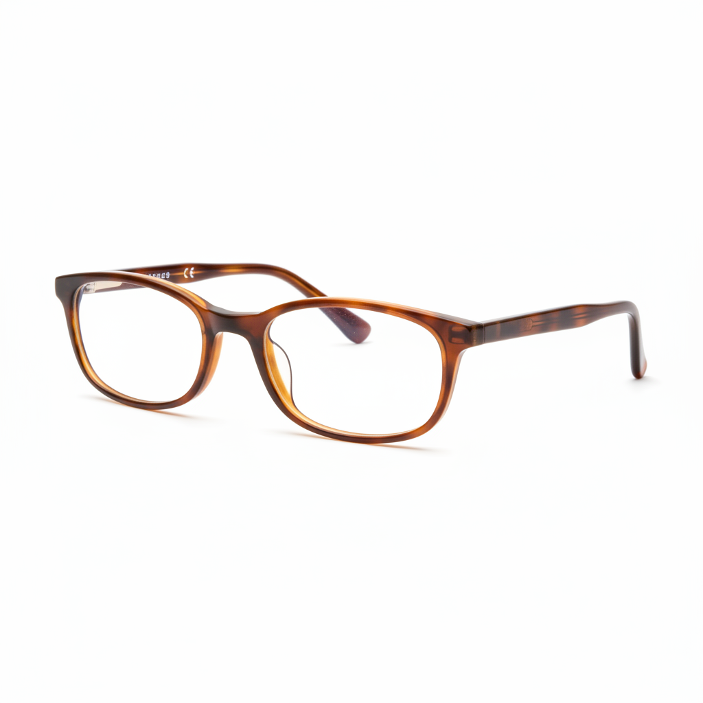 Three-quarter side angle profile view of tortoiseshell oval reading glasses on white background