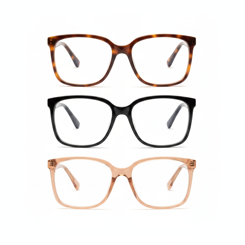Assorted frame colors of women's oversized soft square reading glasses flat lay on white background