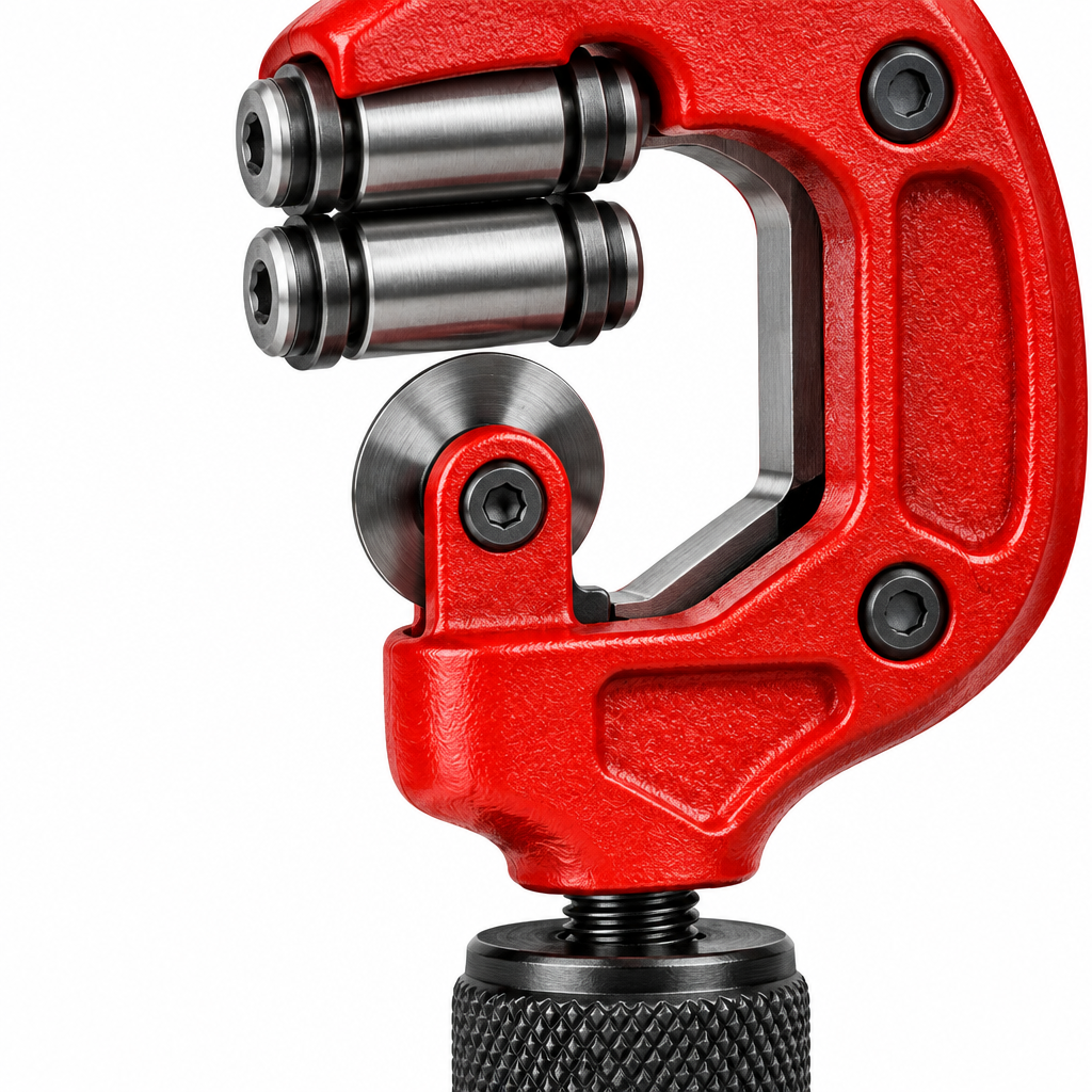 Macro close-up of pipe cutter head showing circular cutting wheel, grooved rollers, and knurled adjustment knob