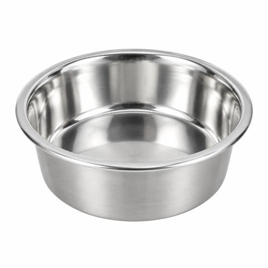 Classic stainless steel pet feeding bowl with rolled rim on pure white background