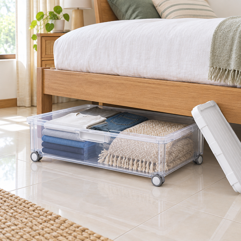Under-bed storage box pulled out from beneath a bed holding folded clothes and a blanket