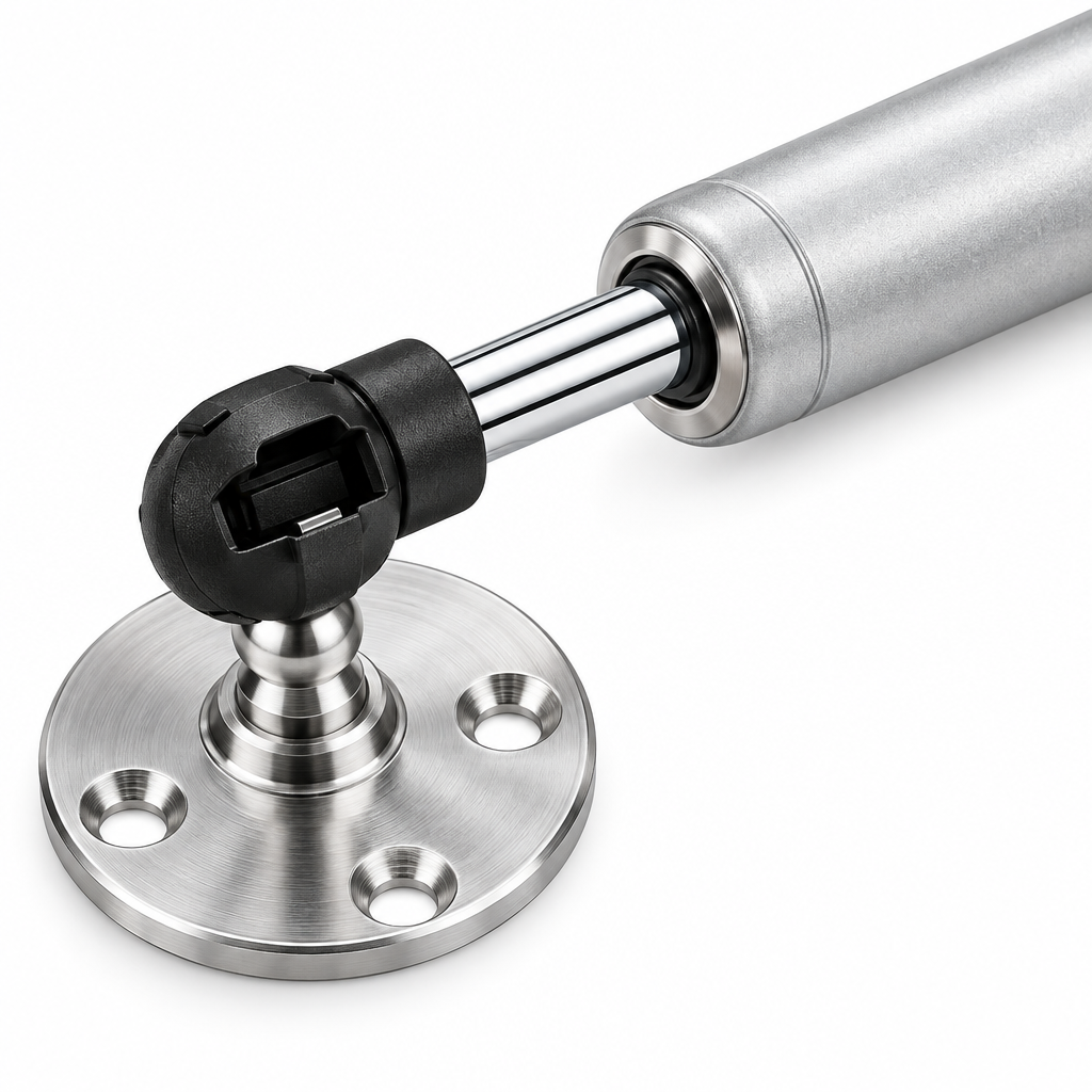 Macro close-up of cabinet gas spring showing mounting disc bracket, nylon ball joint socket, and hard chrome piston rod
