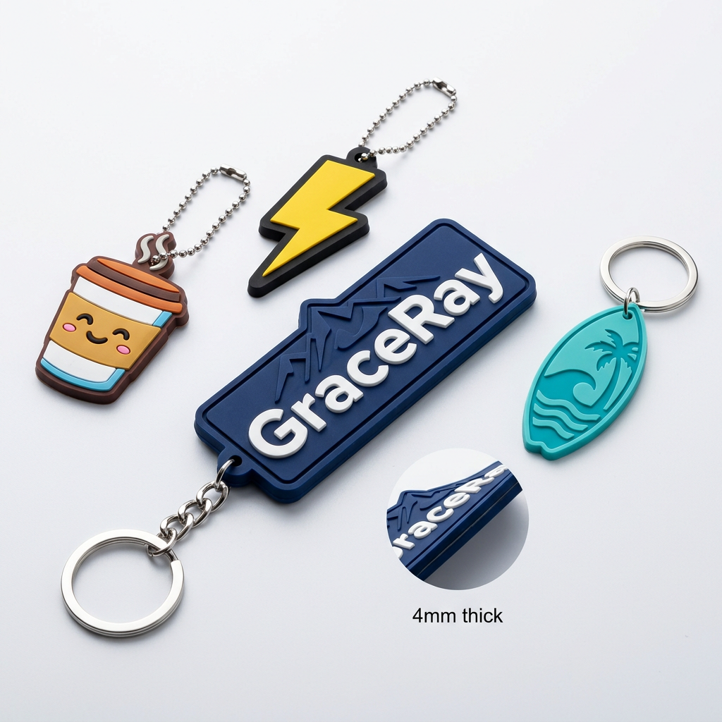 Custom 3D PVC rubber keychains with molded shapes, raised details, and colorful designs.