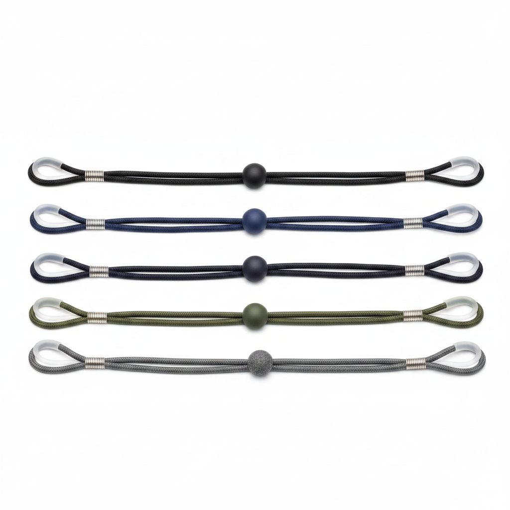 Assorted color options of braided adjustable eyeglass neck cords on white background