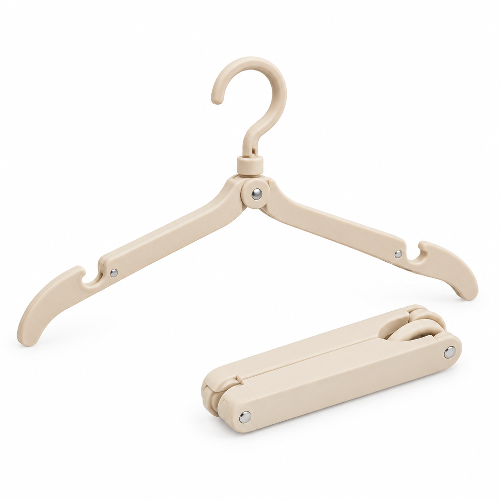 Beige foldable travel hanger shown unfolded beside a fully folded compact unit on white background