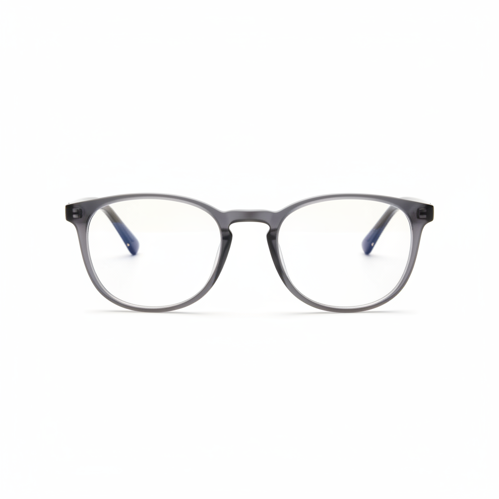 Photochromic blue light glasses in clear indoor transparent state on white background