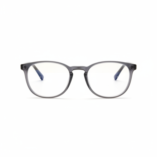 Photochromic blue light glasses in clear indoor transparent state on white background