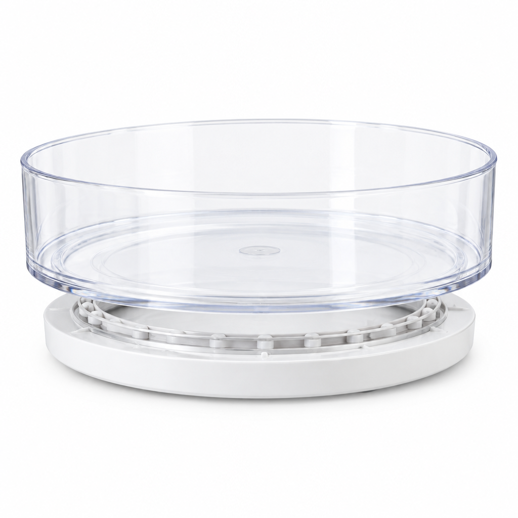 Side view of the rotating organizer showing the circular rotation ring between tray and base