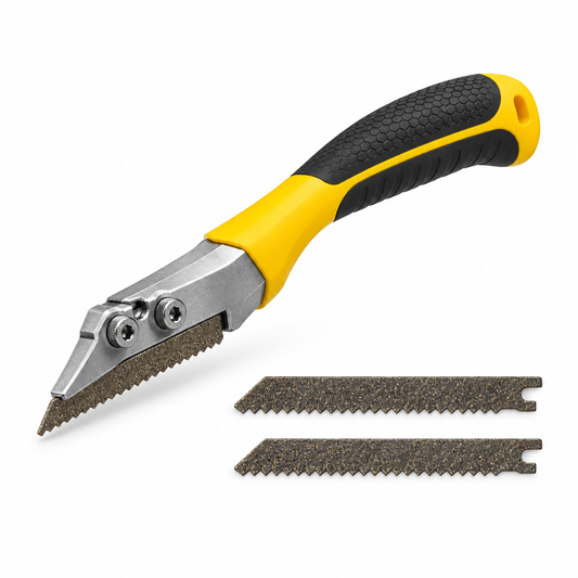 Manual tile grout removal tool saw with angled yellow handle and carbide blades on a pure white background with comfortable margins