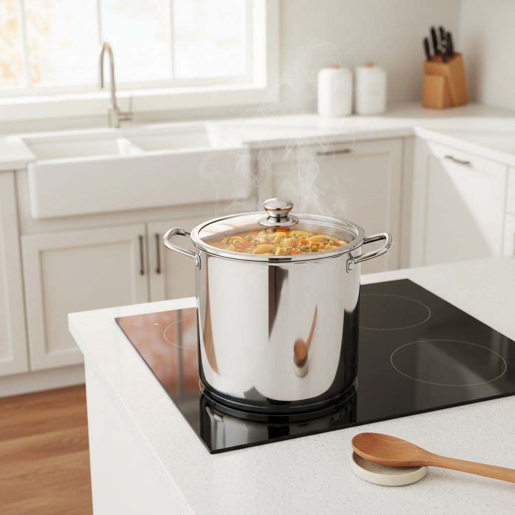 Stainless steel stock pot simmering noodle soup on an induction cooktop in a bright family kitchen