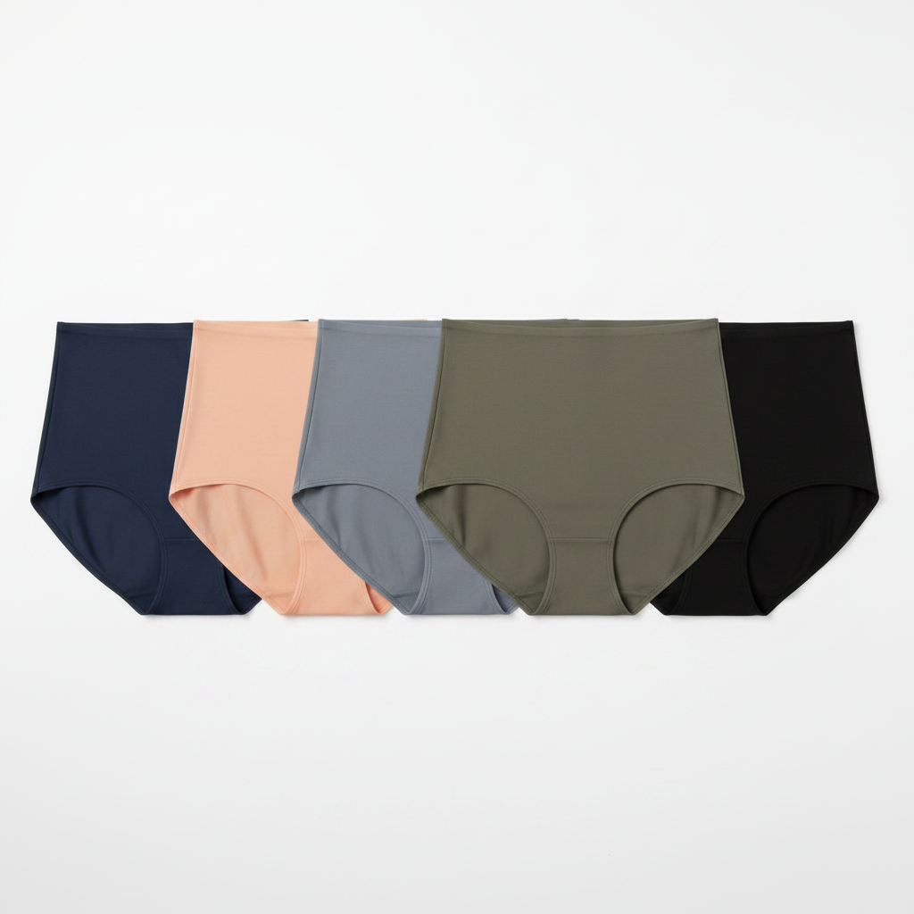 Multi-color flat lay of shaping briefs in five solid colors side-by-side