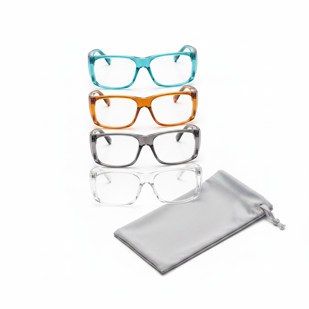 Assorted trendy translucent frame colors of fashion safety glasses on white background