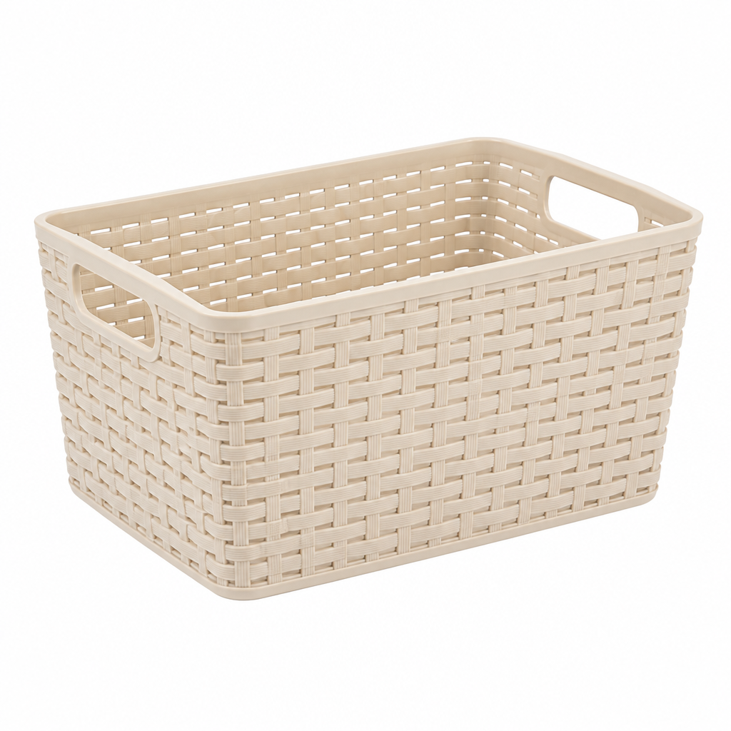 Storage basket with handles, beige imitation rattan plastic basket with two end handles on white background