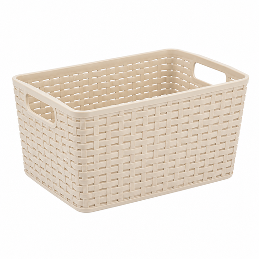 Storage basket with handles, beige imitation rattan plastic basket with two end handles on white background