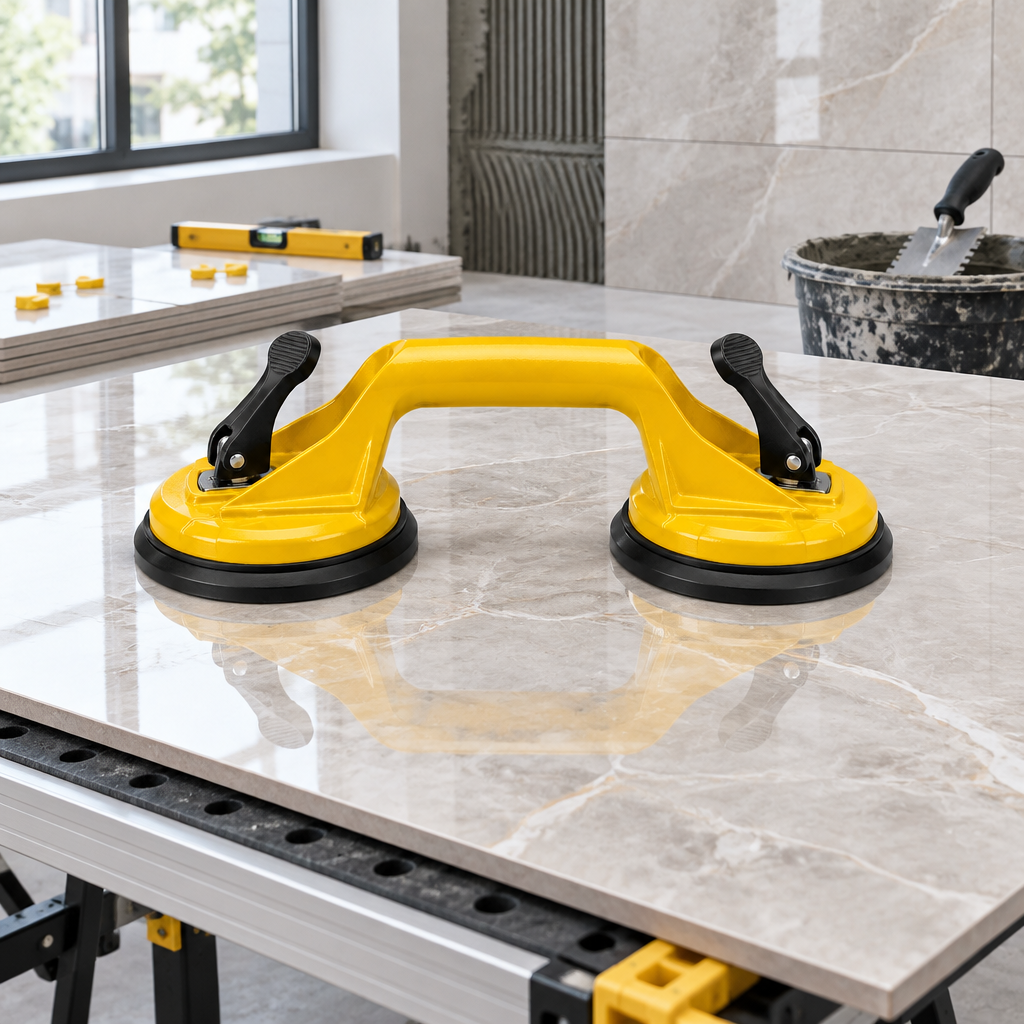 Double suction cup lifter vacuum locked to large glossy porcelain tile in construction scene