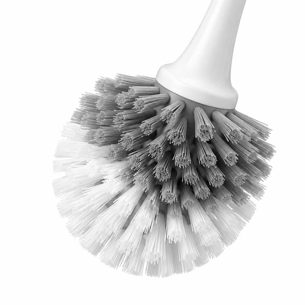 Close-up of the toilet bowl brush curved dense bristle head and handle neck