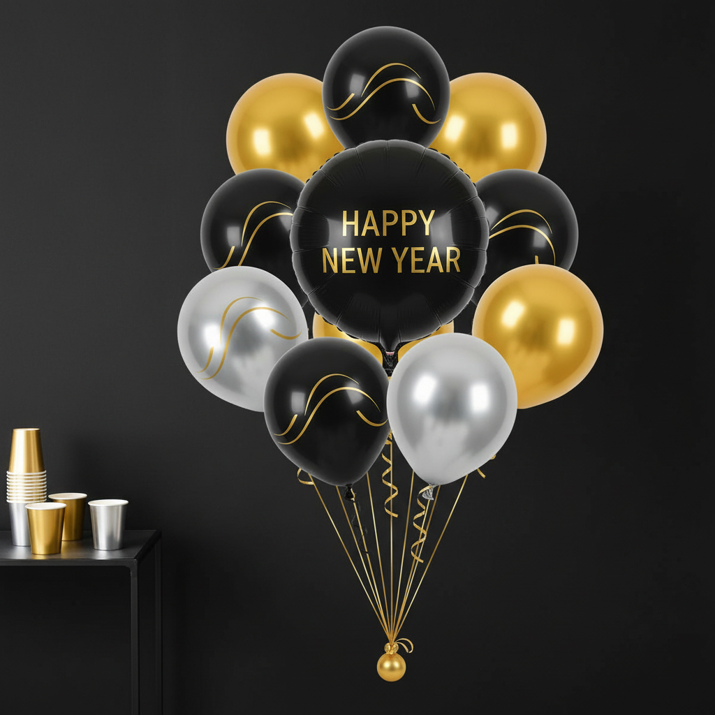 Black, gold and silver foil balloon bouquet with clear Happy New Year message displayed against a simple black celebration backdrop