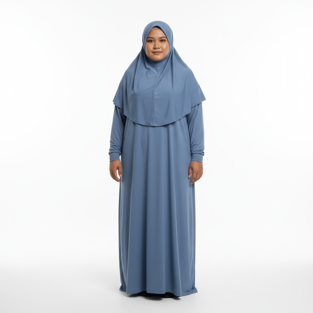 Indonesian Muslim woman blue modest dress standing