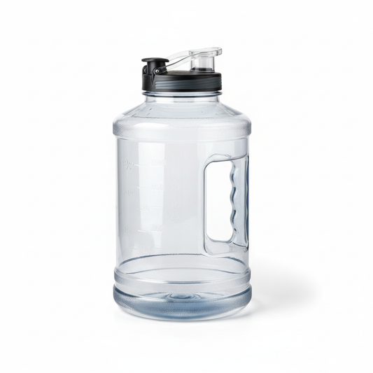 Large capacity reusable water jug with integrated handle on pure white background