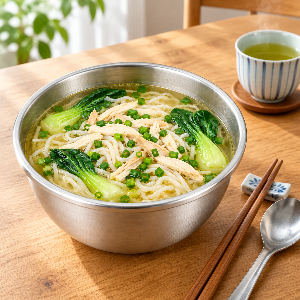 Stainless steel soup bowl with noodle soup on a wooden dining table with chopsticks, soup spoon, and green tea