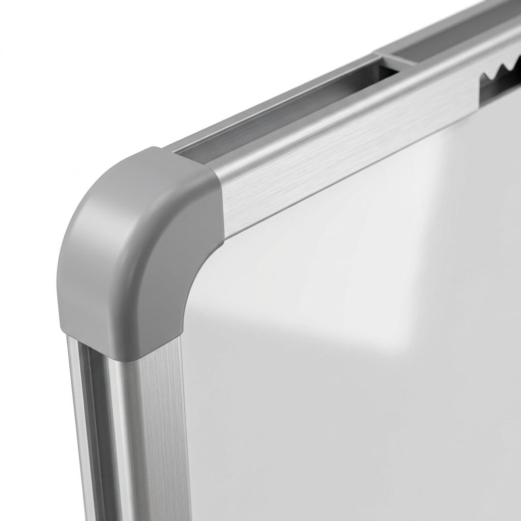 Detail close-up of reusable whiteboard planner showing aluminum extrusion frame, ABS corner cap, and mounting rail on white background