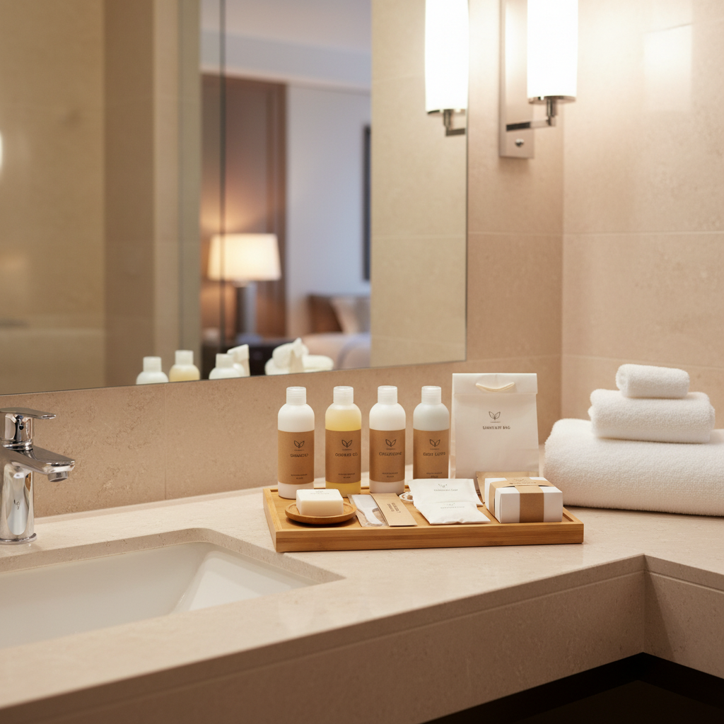 Complete hotel bathroom amenities set on bamboo tray placed on neutral stone hotel bathroom counter beside ceramic sink with folded white towels, elegant international hotel bathroom suitable for Middle Eastern and Southeast Asian properties