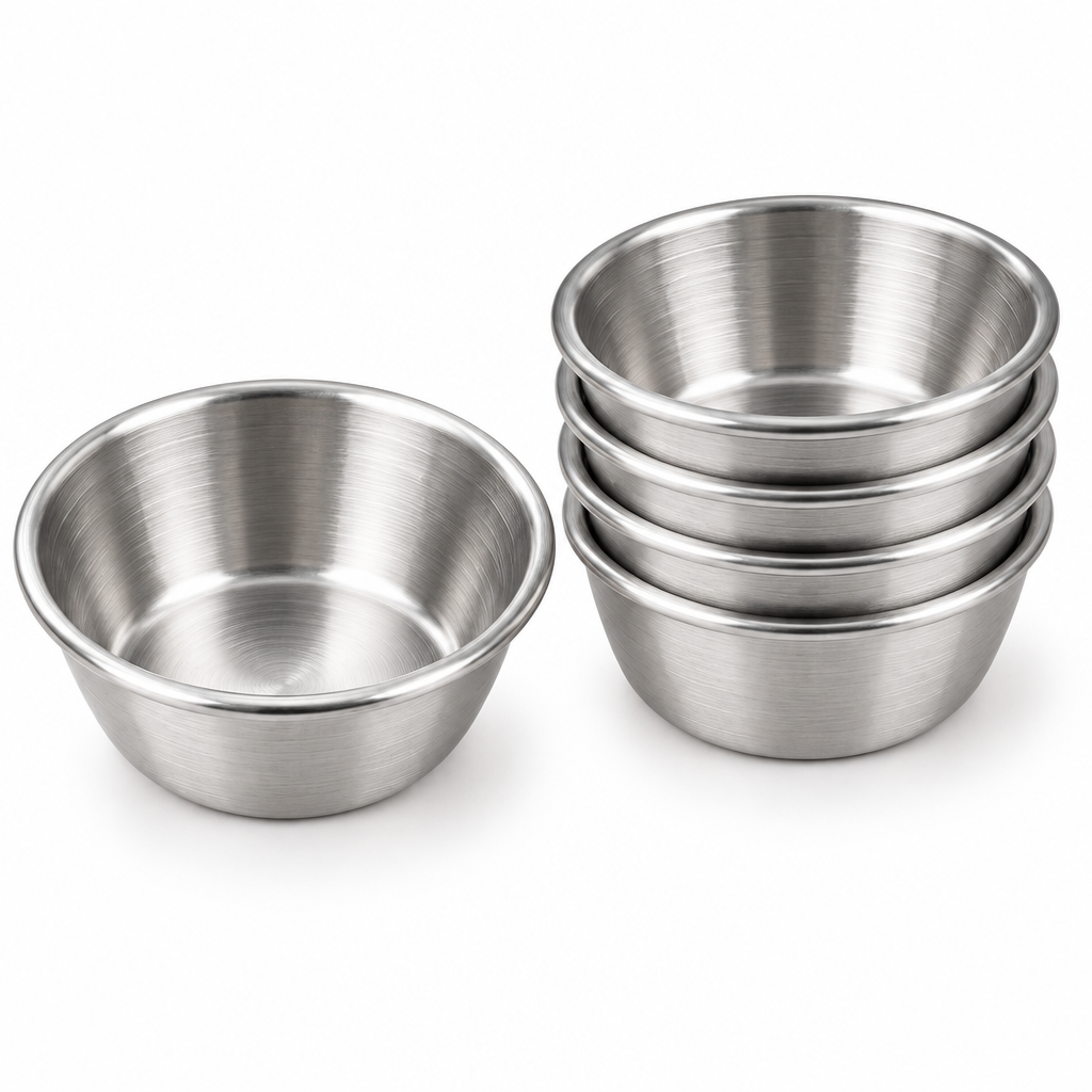 Empty round stainless steel dipping sauce dish showing rolled smooth rim and brushed interior, with a neat stack of four dishes demonstrating stackable storage on a pure white background