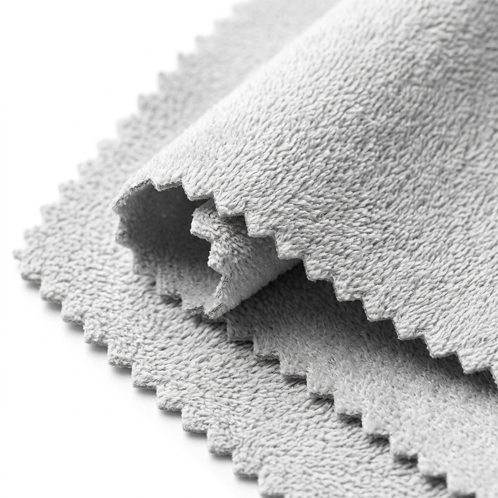 Detail close-up of microfiber cleaning cloth showing ultrasonic saw-tooth zig-zag cut edge and lint-free brushed microfibers on white background