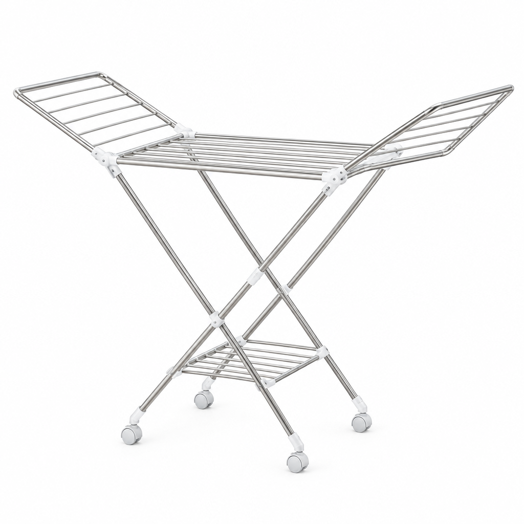 Household clothes drying rack, foldable stainless steel gullwing rack with open wings and wheels on white background