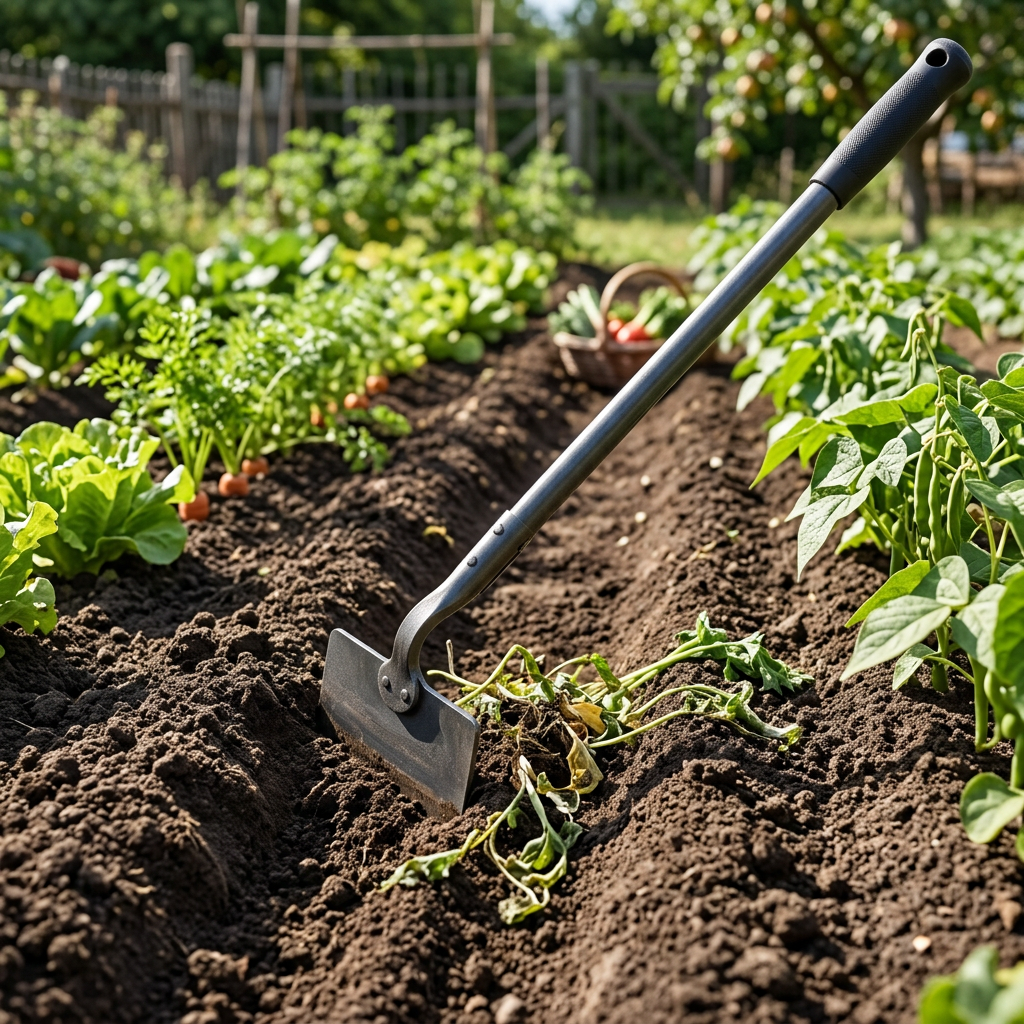 Garden draw hoe cutting surface weeds and cultivating furrow between vegetable crop rows in garden soil