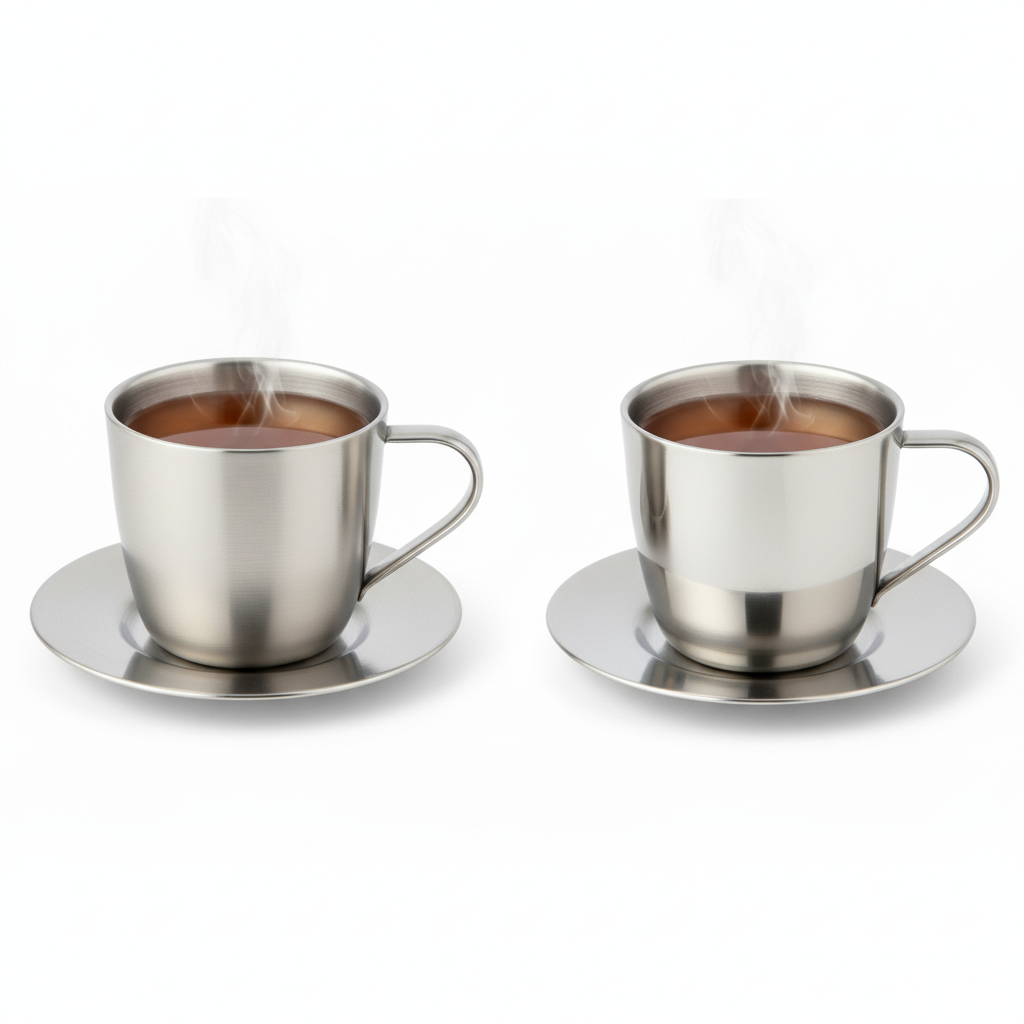 Stainless steel tea cup and saucer sets in brushed and polished finishes on pure white background