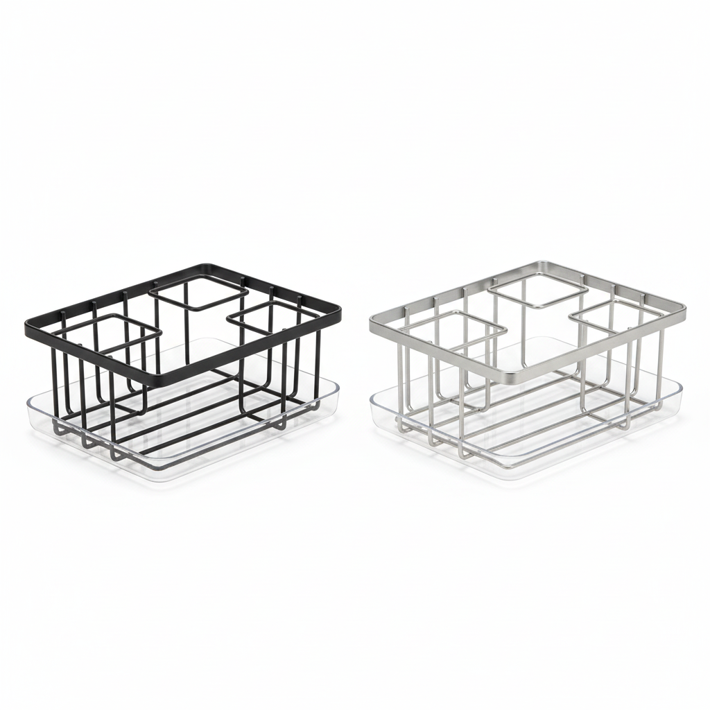 Kitchen sink caddy organizers in black and silver finishes on pure white background