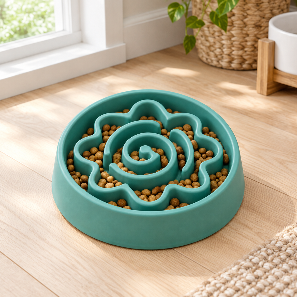 Slow feeder dog bowl with kibble distributed in maze channels on home floor