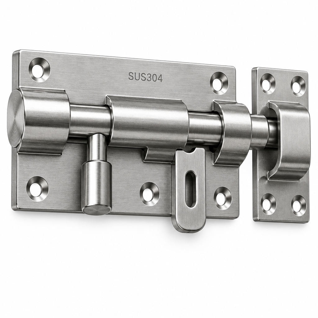 Macro close-up of stainless steel barrel bolt door latch highlighting sliding track, padlock hole, countersunk screw holes, and satin finish
