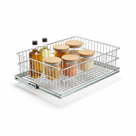 Pull-out kitchen cabinet organizer sliding wire drawer holding bottles and jars on pure white background