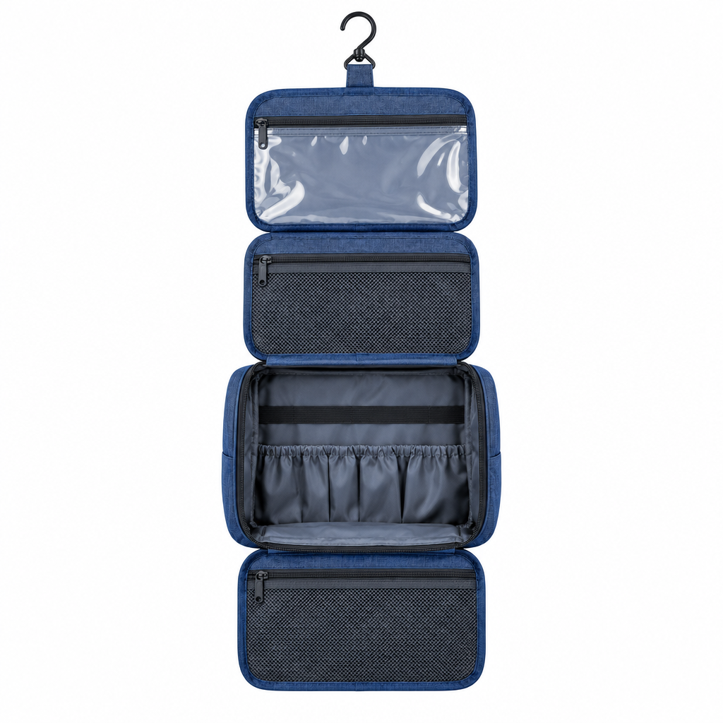 Navy blue four-section hanging toiletry bag shown fully unfolded with compartments on white background