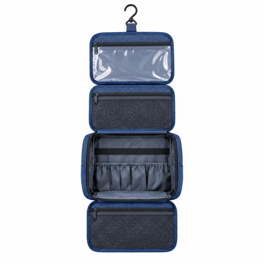 Navy blue four-section hanging toiletry bag shown fully unfolded with compartments on white background