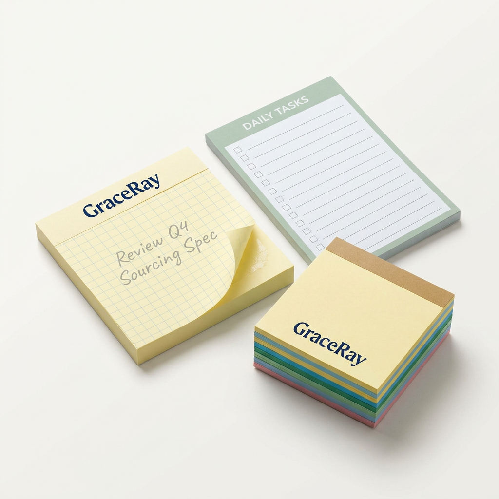 Custom sticky notes and memo pads with printed headers and practical office note layouts.