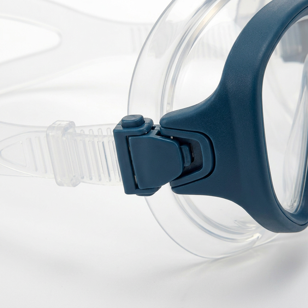 Detail close-up of snorkeling mask push-button ratchet buckle and silicone skirt edge on white background