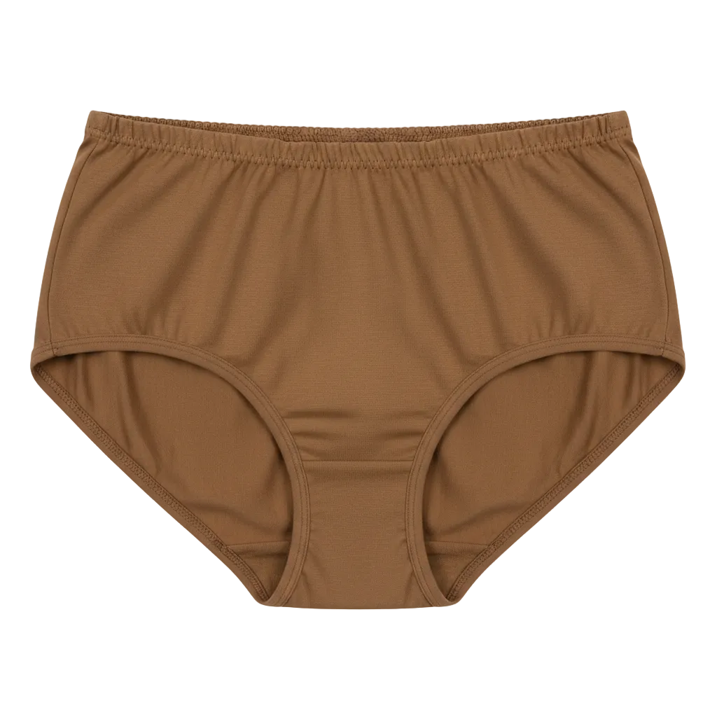 Front view of high waist full back coverage cotton briefs in mocha brown on white background