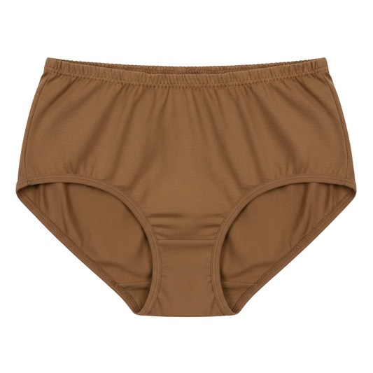Front view of high waist full back coverage cotton briefs in mocha brown on white background