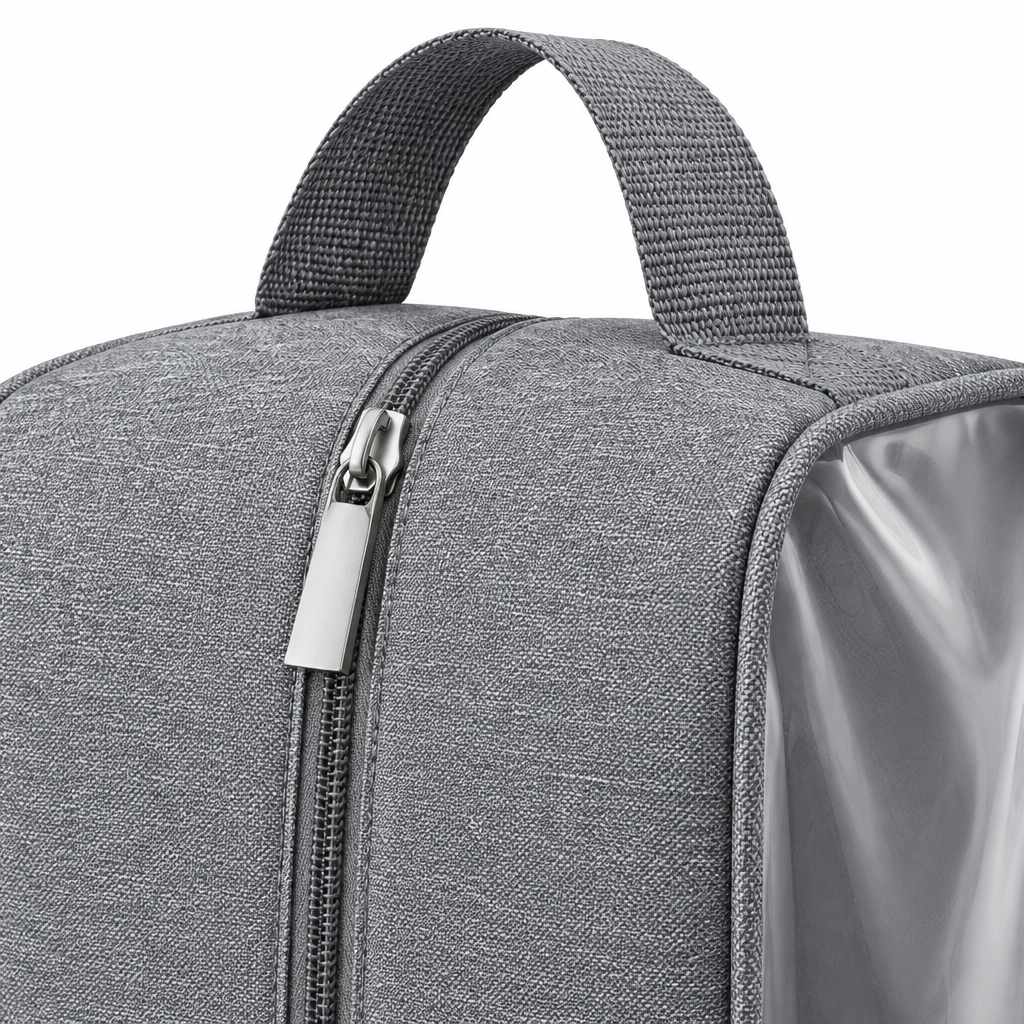 Close-up of the travel shoe bag center zipper pull, webbing grab handle, and stitched clear window edge